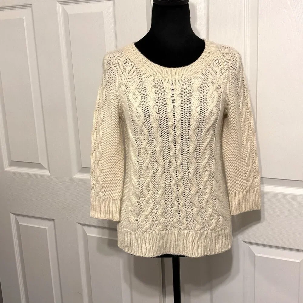 J. Crew Women's Ivory Cream Alpaca Merino Wool Blend Sweater XS Classic Knitted